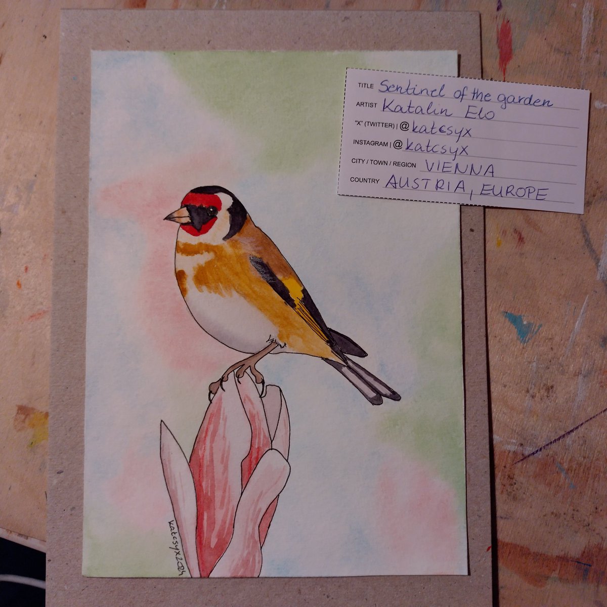 My piece for #postcardartexhibit24 for @millhousemckinney . 'Sentinel of the garden' is a cute little #goldfinch painted in #watercolour from a photo by the one and only @CarlBovisNature
@paeartforacause #artforacause 
#wildlifeart #naturelovers  #birdart  #postcardartexhibit