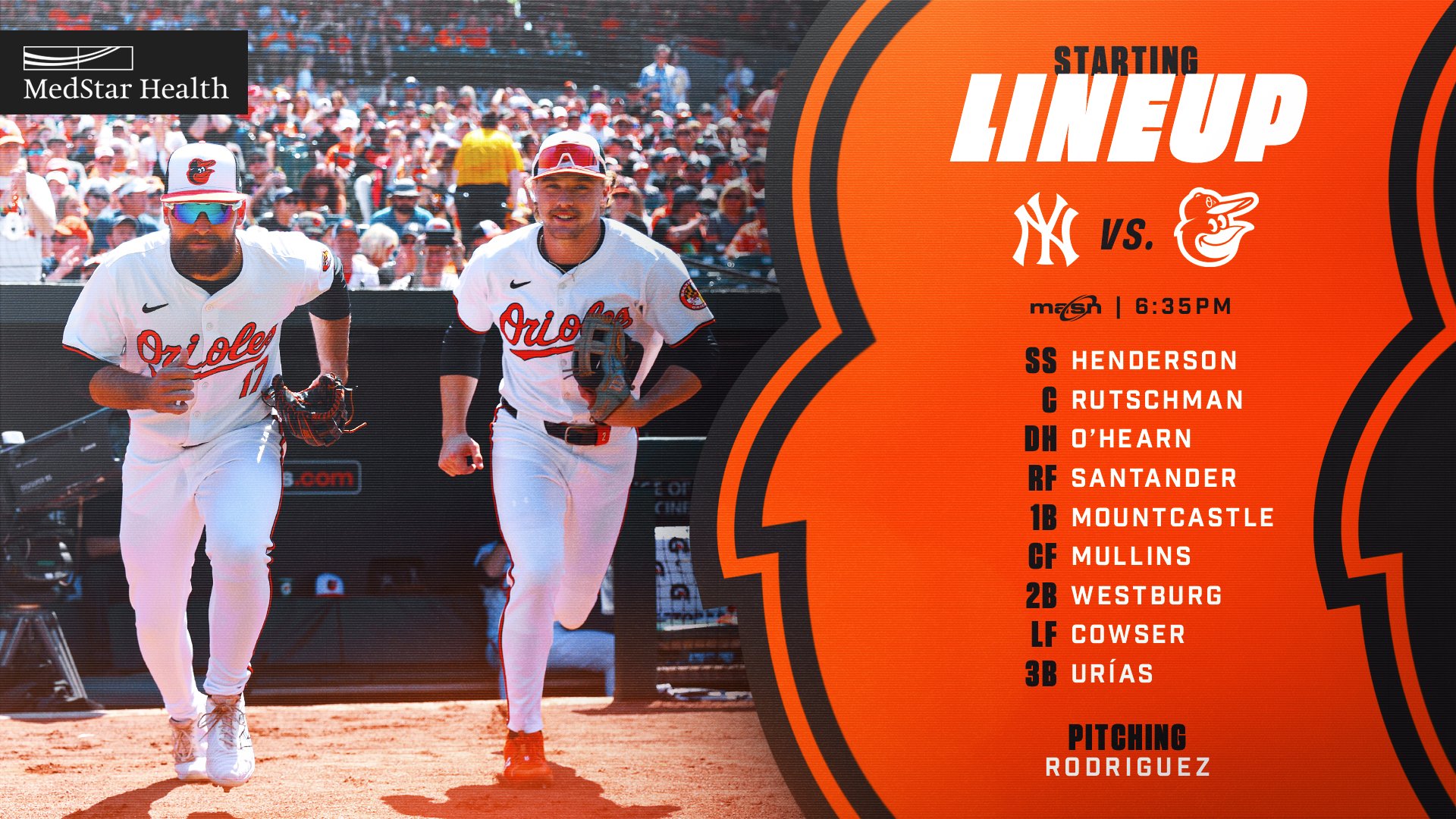 Yankees at Orioles | O’s Starting Lineup | MASN | 6:35 p.m.  SS - Henderson C - Rutschman DH - O’Hearn RF - Santander 1B - Mountcastle CF - Mullins 2B - Westburg LF - Cowser 3B - Urías P - Rodriguez  The graphic features an image of Cowser and Henderson running out of the dugout towards the field. They are both wearing white Orioles jerseys.