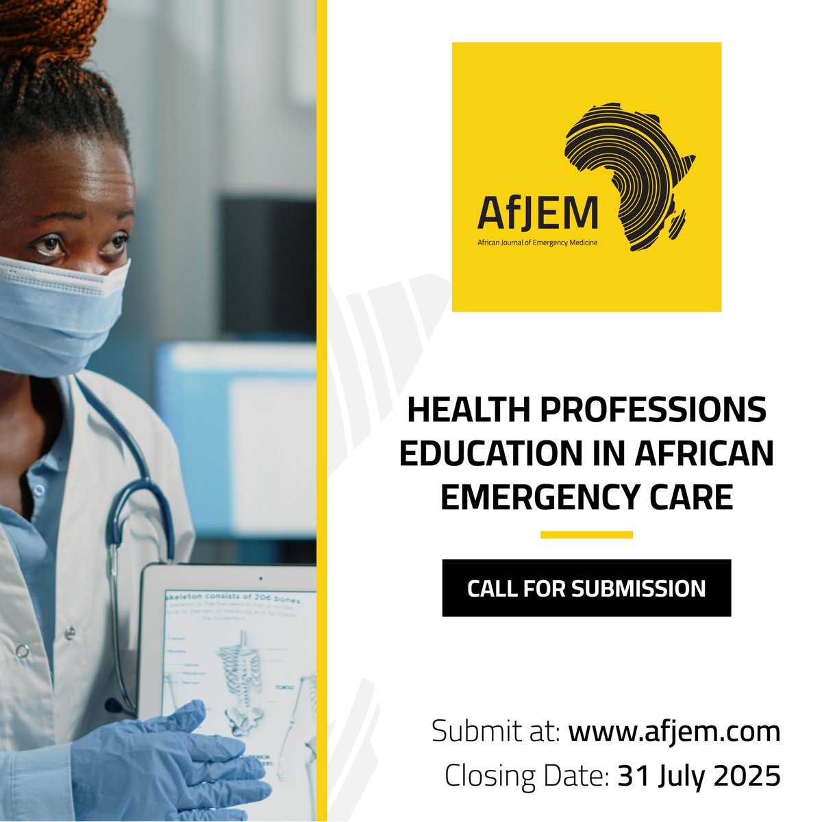 Attention Researchers and Practitioners! 🚨 AfJEM is seeking submissions for two special issues: Triage in African Emergency Care and Health Professions Education in African Emergency Care. Share your expertise and contribute to improving emergency care in Africa. #CallForPapers