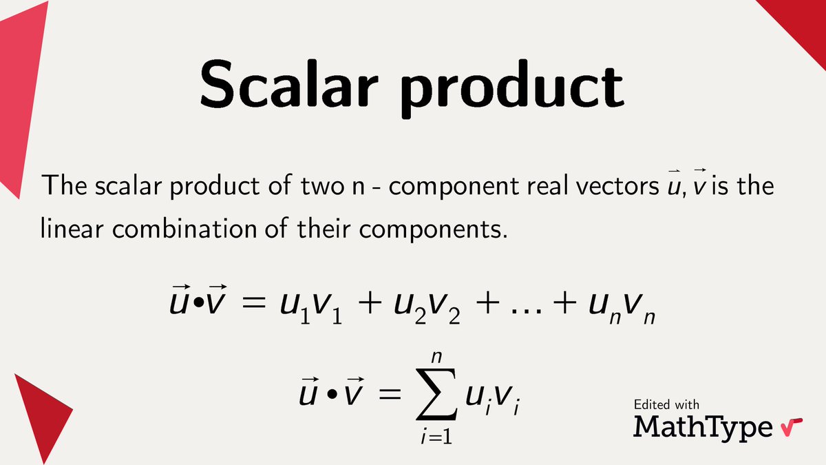 The scalar product, also referred to as the dot or inner product, is an algebraic operation performed between two vectors. While the input consists of vectors, the output is a scalar quantity, not another vector. 

#MathType #math #mathematics #mathfacts