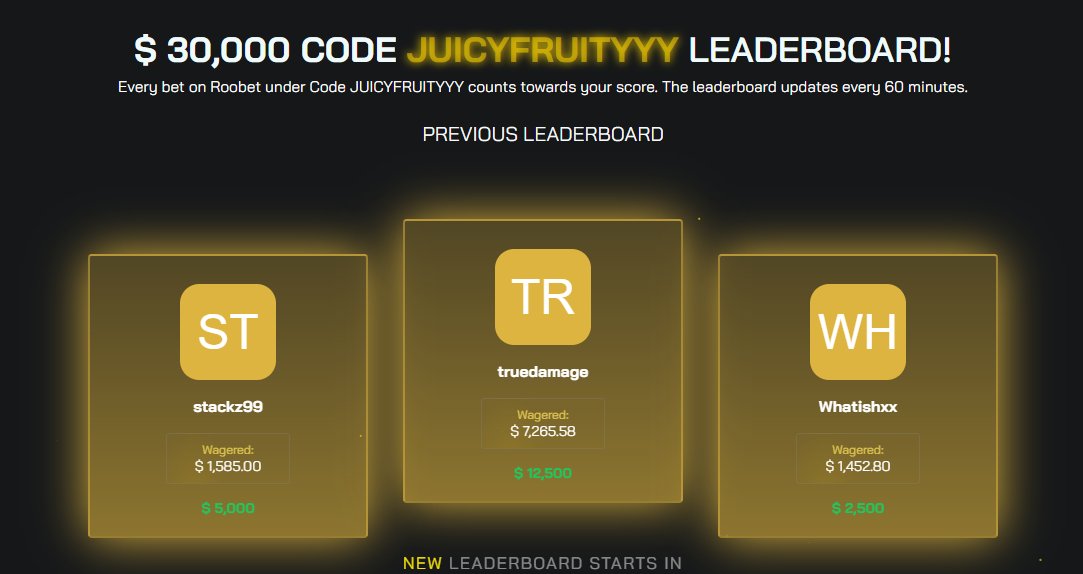 ROOBET LEADERBOARD HAS BEEN PAID OUT! congrats to all the people who took part please check your balances the winnings should be there, we are still looking into 1st place for now just to make sure but everyone else will of been credited. GOODLUCK FOR THIS WEEK EVERYONE!