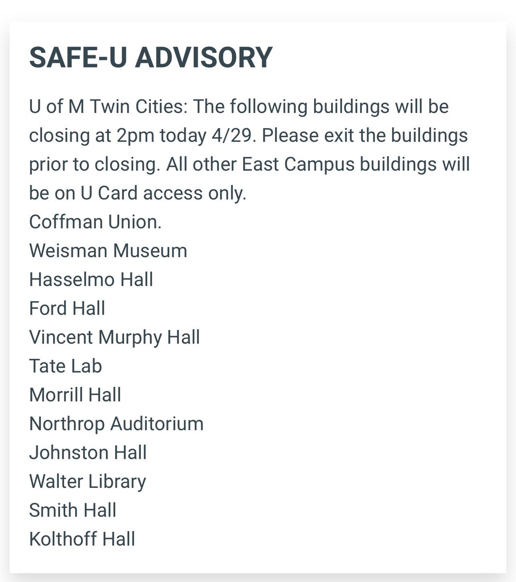 In response, U of Minnesota closed down twelve surrounding buildings, issued a “safety” advisory, and sent a campus-wide email claiming building closures were “to ensure the safety” of students and university workers.