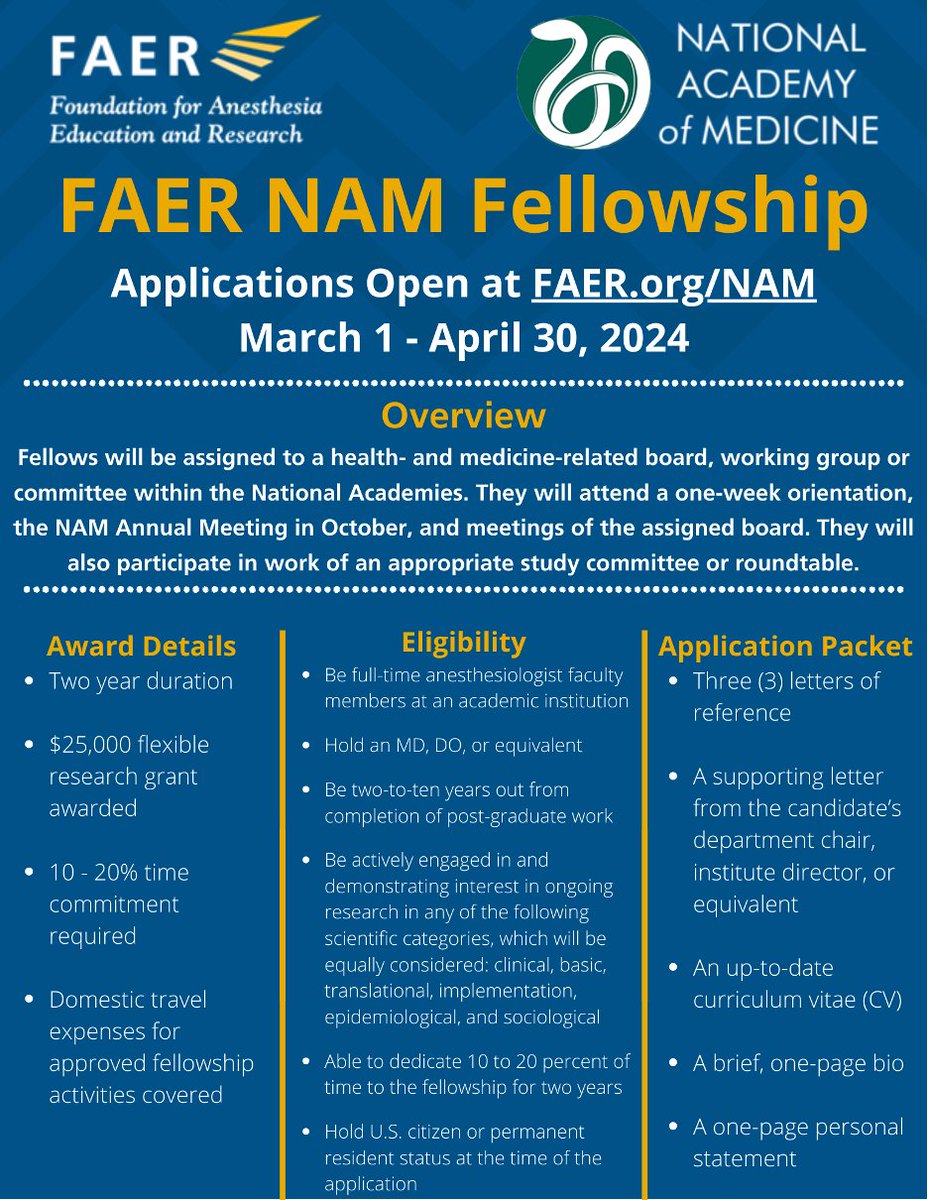 Applications for the FAER NAM Fellowship close tomorrow! Exposing fellows to a range of leaders and perspectives while taking part in the work of @theNAMedicine / @theNASEM, applications are open at FAER.org/NAM through 4/30! @FAERanesthesia