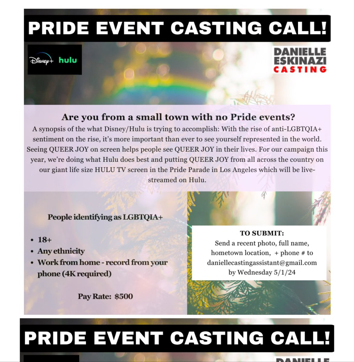 Hi X-ers I’m Casting this very specific casting call for Disney-Hulu please Read carefully and submit according to the fliers needs. Not looking for people in big cities more for In the outskirts where there are no pride Parades. Thank you!!