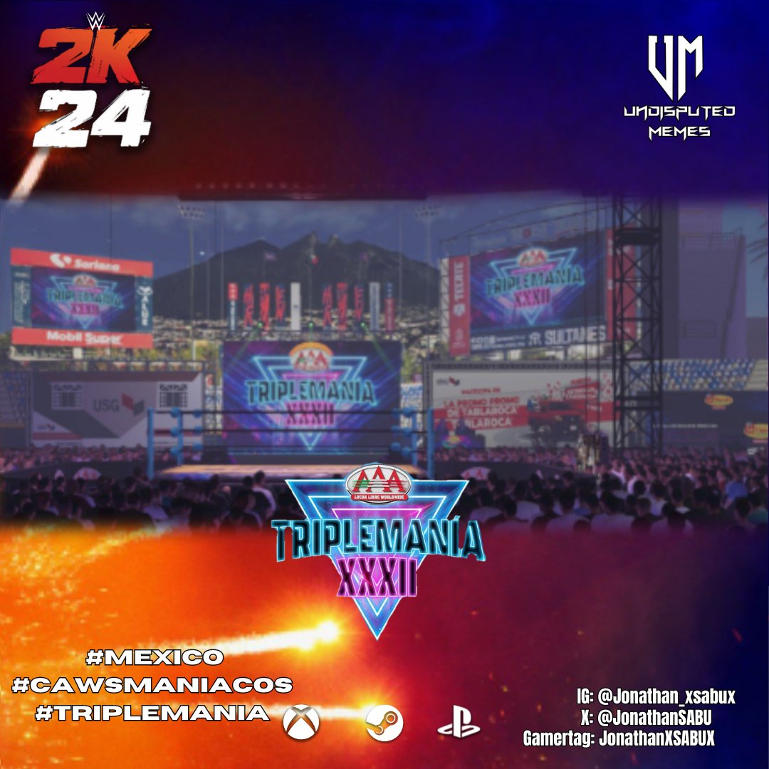 Ya disponible arena de #TripleManíaXXXII Monterrey en #WWE2K24, también pueden encontrar el show, me gustó mucho el resultado y como pude agregar todos los detalles 

Nota: Eliminando los accesorios de la entrada excepto el titantron puedes obtener el estadio de los sultanes