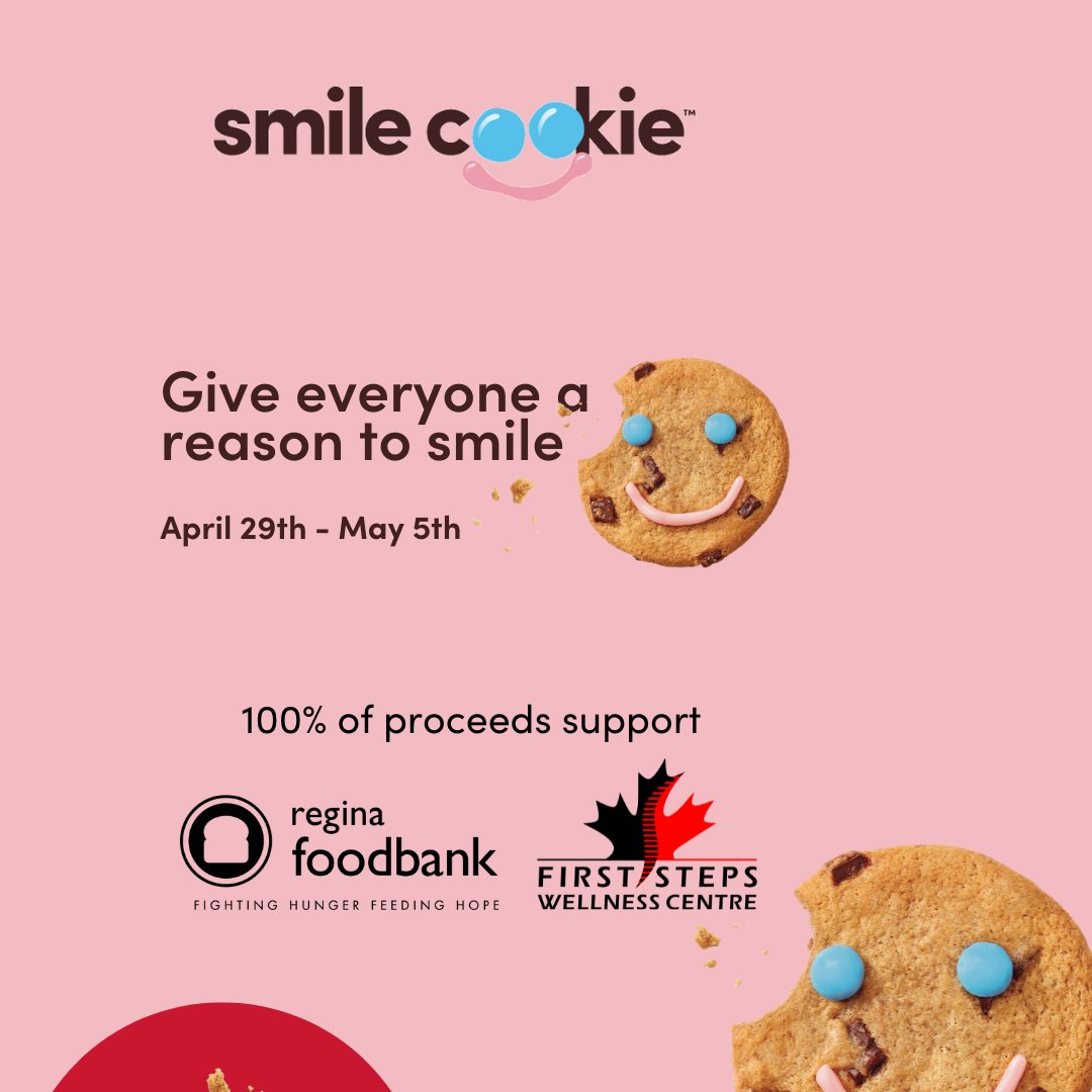Give someone a reason to smile today! #smilecookies are available NOW – May 5th, with every purchase helping to fund the @ReginaFoodBank & @FSWCRegina.

Learn more about how to secure your smiles here: reginafoodbank.ca/smilecookie