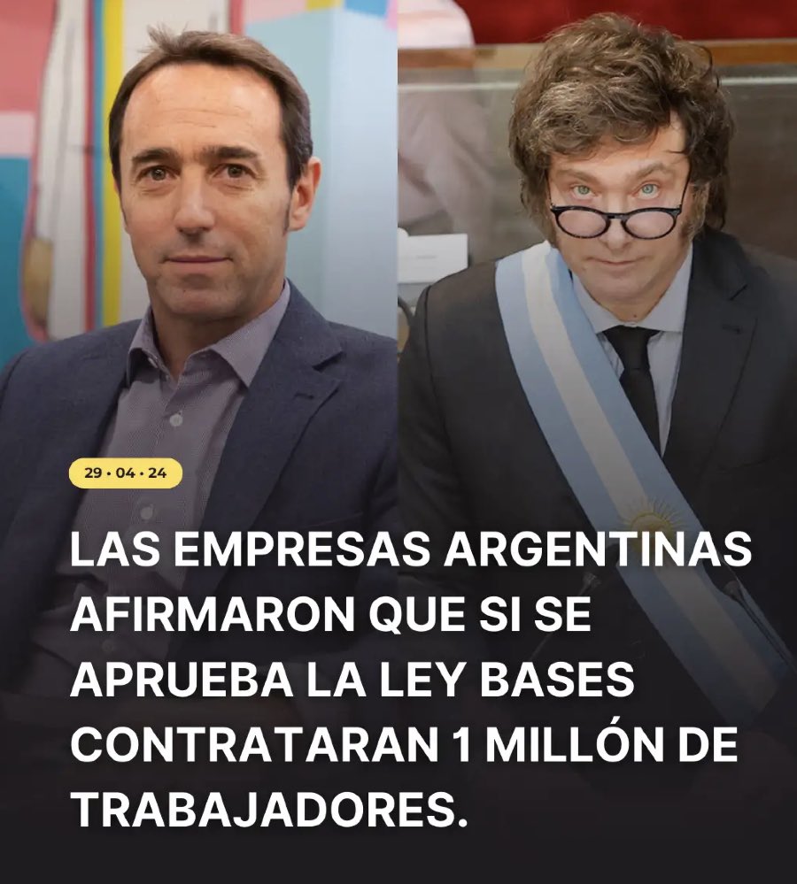 💣🧨AHORA | LOS EMPRESARIOS AFIRMARON QUE SI SE APRUEBA LA LEY BASES, EMPLEARAN FORMALMENTE MAS DE 1.000.000 DE TRABAJADORES El peluca está intratable! ➡️Podrán los zurdos voltear la ley?