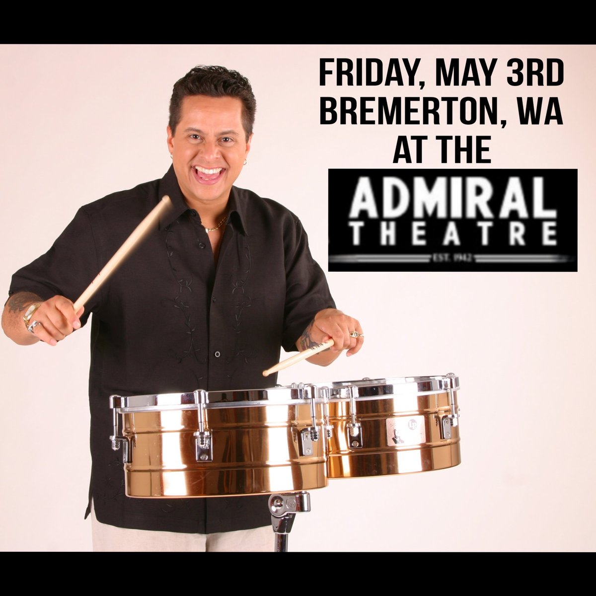 This Friday! Seattle, Tacoma, Bremerton, WA come mambo with Tito Puente,Jr.  and his latin jazz orchestra live in concert Friday May 3rd at the Admiral Theatre 515 Pacific Avenue, Bremerton, WA, 98337. Doors 6:30 p.m. | Show 8 p.m.
Get tickets at: Admiraltheatre.org