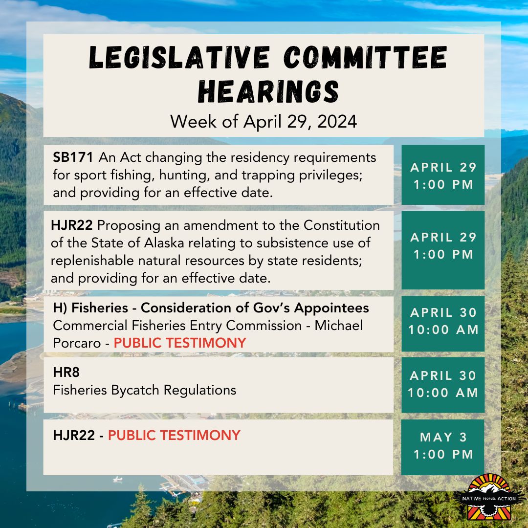 Here are some legislative committee hearings to keep an eye on, along with an opportunity to provide public testimony on April 30th, and May 3rd

You can watch it live on AKL.TV or call in:
Anchorage: 907.563.9085
Juneau: 907.586.9085
All other: 844-586-9085