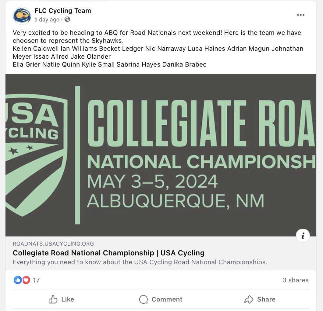 The @FLCCYCLING team (I'm blocked 😭) announced that one of their women's roster spots for collegiate road nationals in Albuquerque May 3-5 went to male Kylie (Kyle) Small. I wonder if there's a woman on the @FLCSkyhawks team who wanted that spot.🤔 Oh well - train harder! 🤷‍♀️