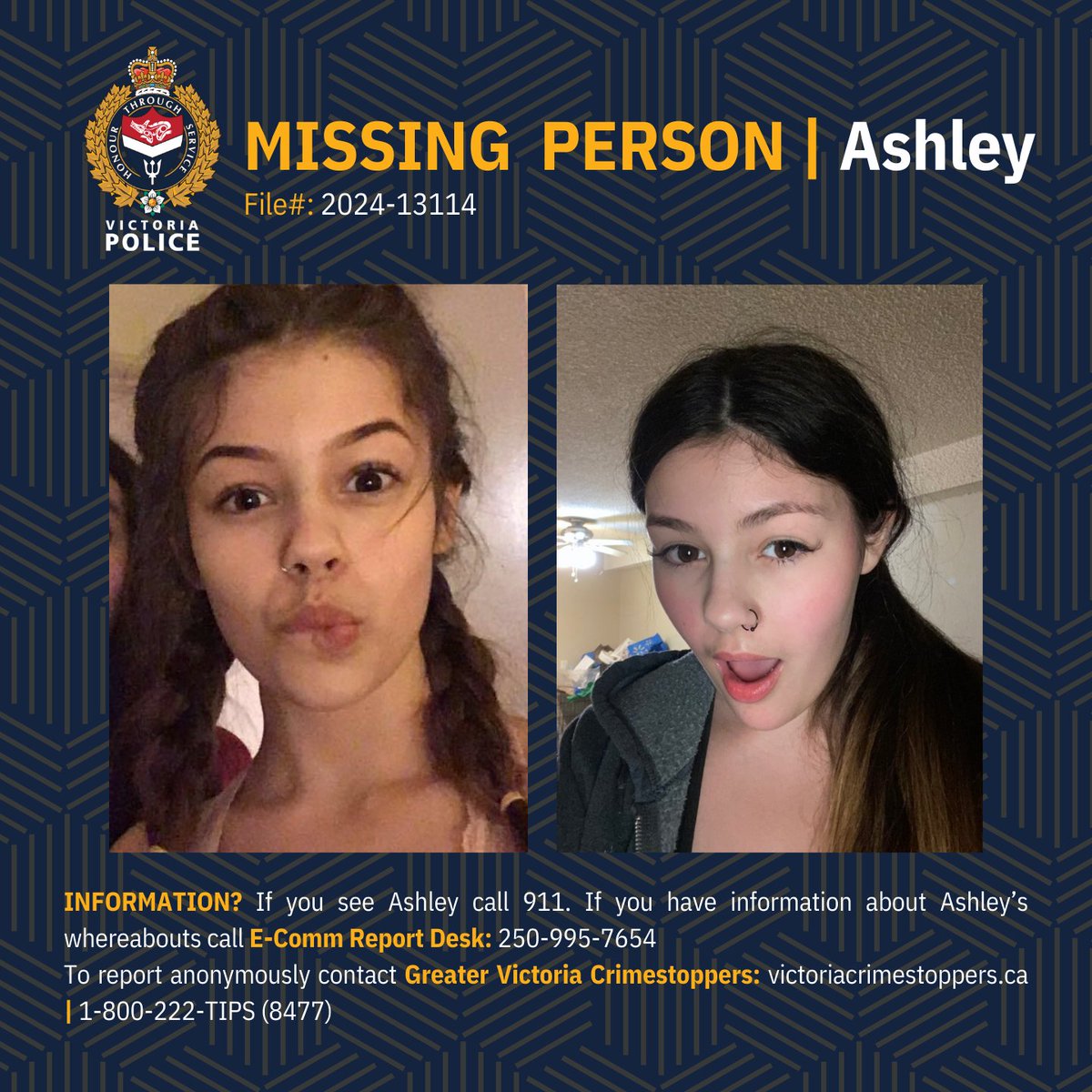 VicPD has issued a #MissingPerson Alert for Ashley. Last seen on March 20th, Ashley is described as a 20 year old Caucasian female standing five feet seven inches tall, with a slim build, brown hair and has a nose piercing. Ashley was reported missing on April 17.

#yyj