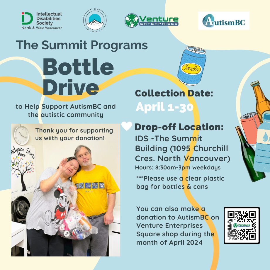 📢📢📢 JUST ONE DAY LEFT! During Autism Acceptance Month (April), Venture Enterprises is collecting donations and hosting a bottle drive for AutismBC! Visit their store at ventureenterprises.square.site to check out their products and/or make a donation to AutismBC!