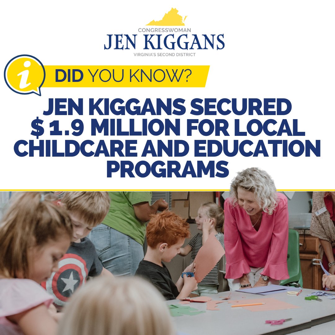 As a working mother of four who utilized daycare services, I know the challenges faced by families balancing work and household responsibilities... I am proud to have secured $1.9 million for local childcare and education programs right here in #VA02!
