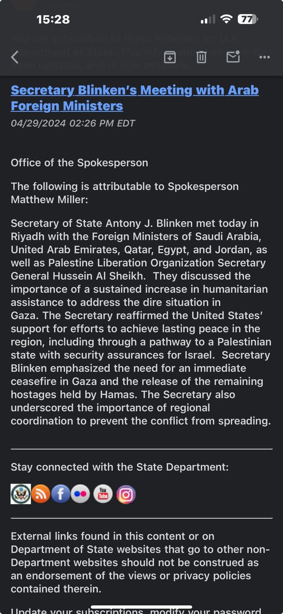 INBOX: Blinken meets with PLO to sculpt “a pathway to a Palestinian state”