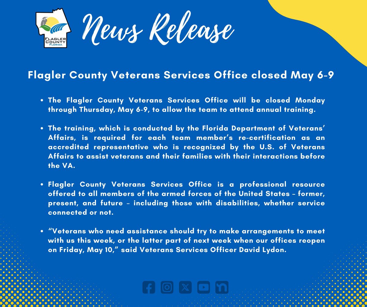 FlaglerCtyGov's tweet photo. The Flagler County Veterans Services Office will be closed Monday through Thursday, May 6-9, to allow the team to attend annual training. The offices will reopen on Friday, May 10. #FlaglerFirst https://t.co/HPj1x8hCKh