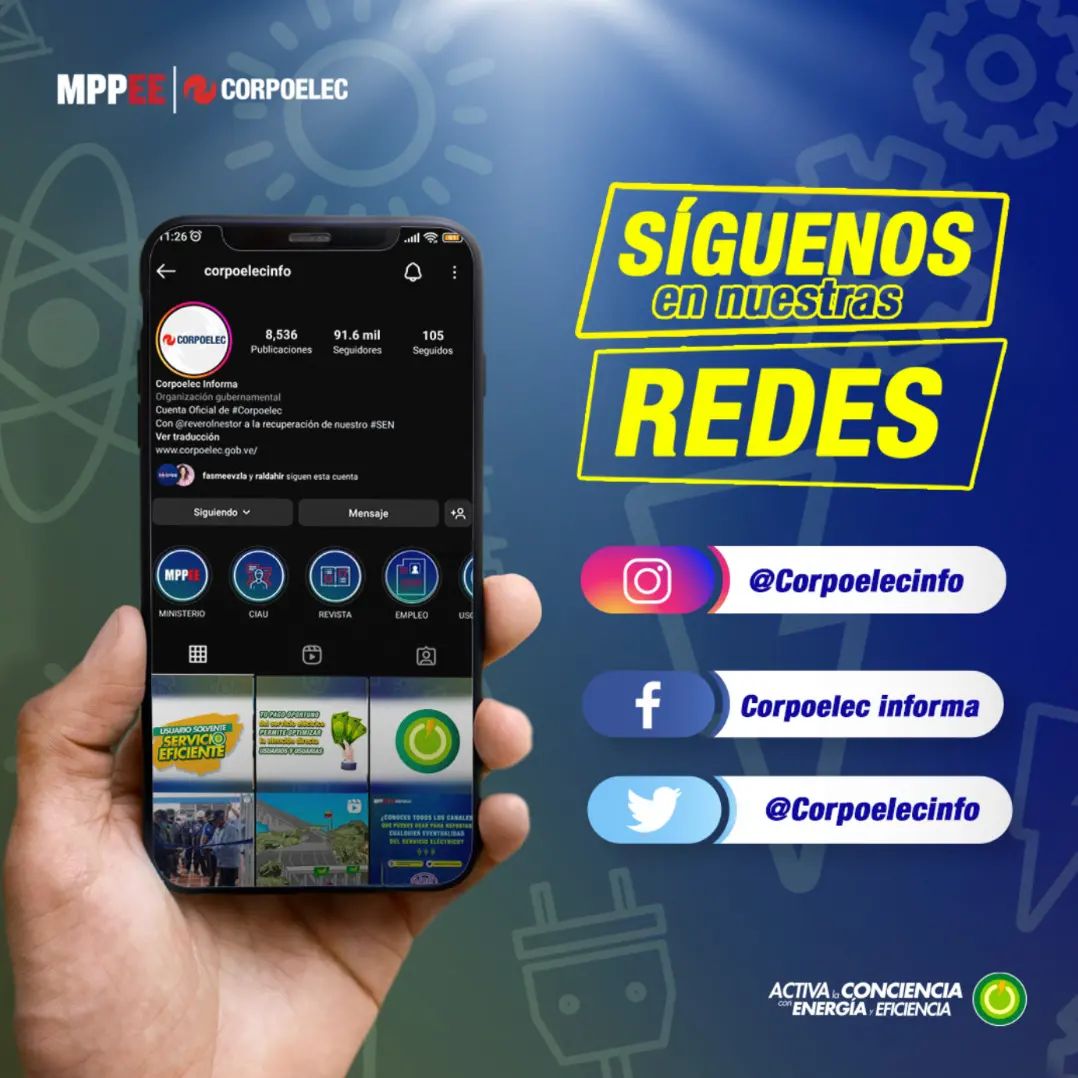 Síguenos para mantenerte informado 📱Twitter CorpoelecInfo 📱Instagram: @corpoelecinfo 📱Facebook Corpoelec Informa