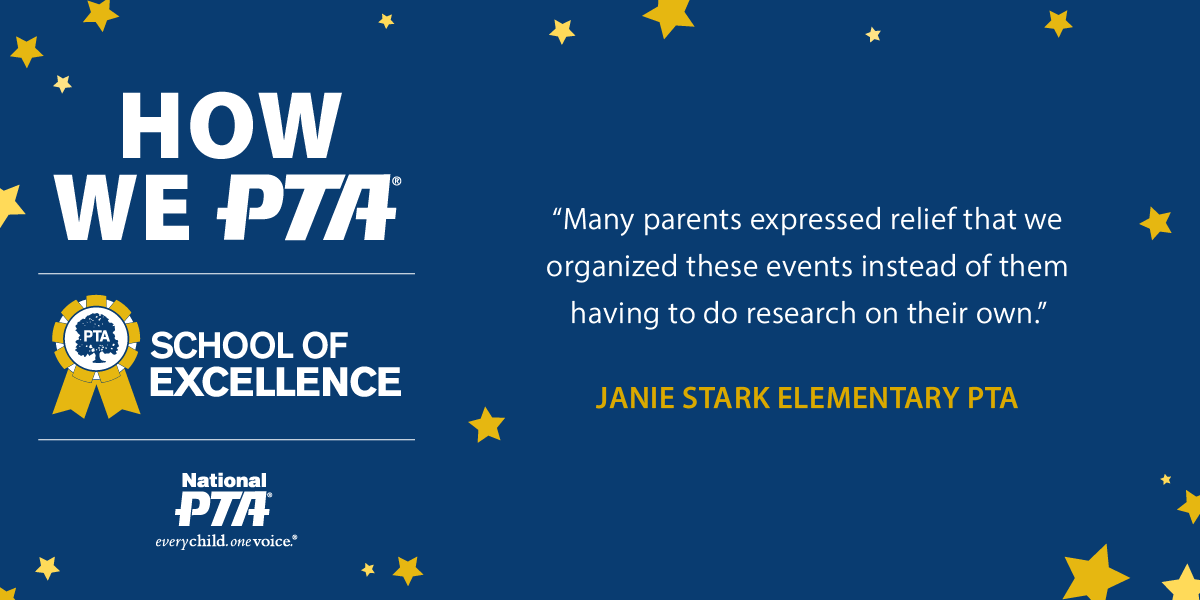 Janie Stark Elementary PTA worked on several initiatives to engage families and the community during their School of Excellence journey, including hosting an open house and a Career Day. Learn about their journey: bit.ly/47GdNlJ #HowWePTA #PTAExcellence