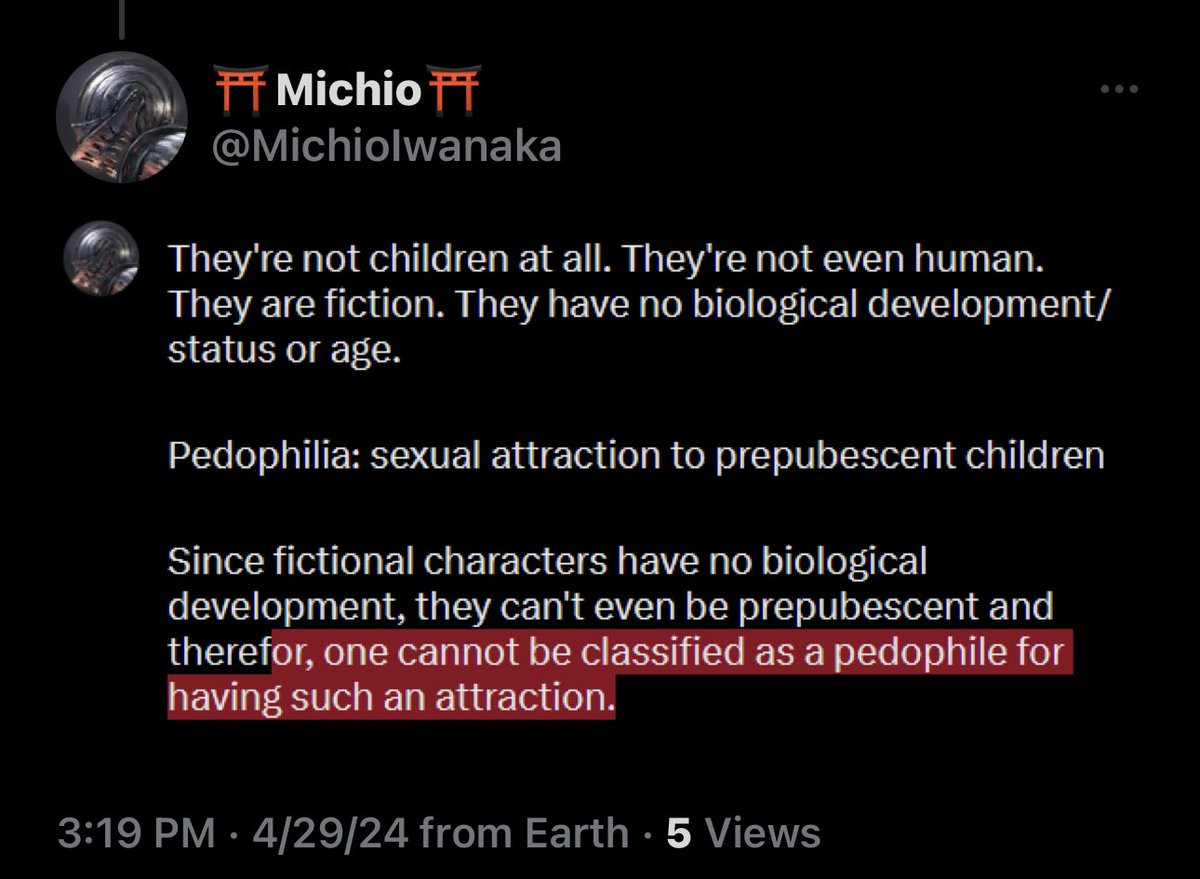 “Technically I’m not a pedophile for wanting to fuck the cartoon child since she can’t go through puberty” lmfao