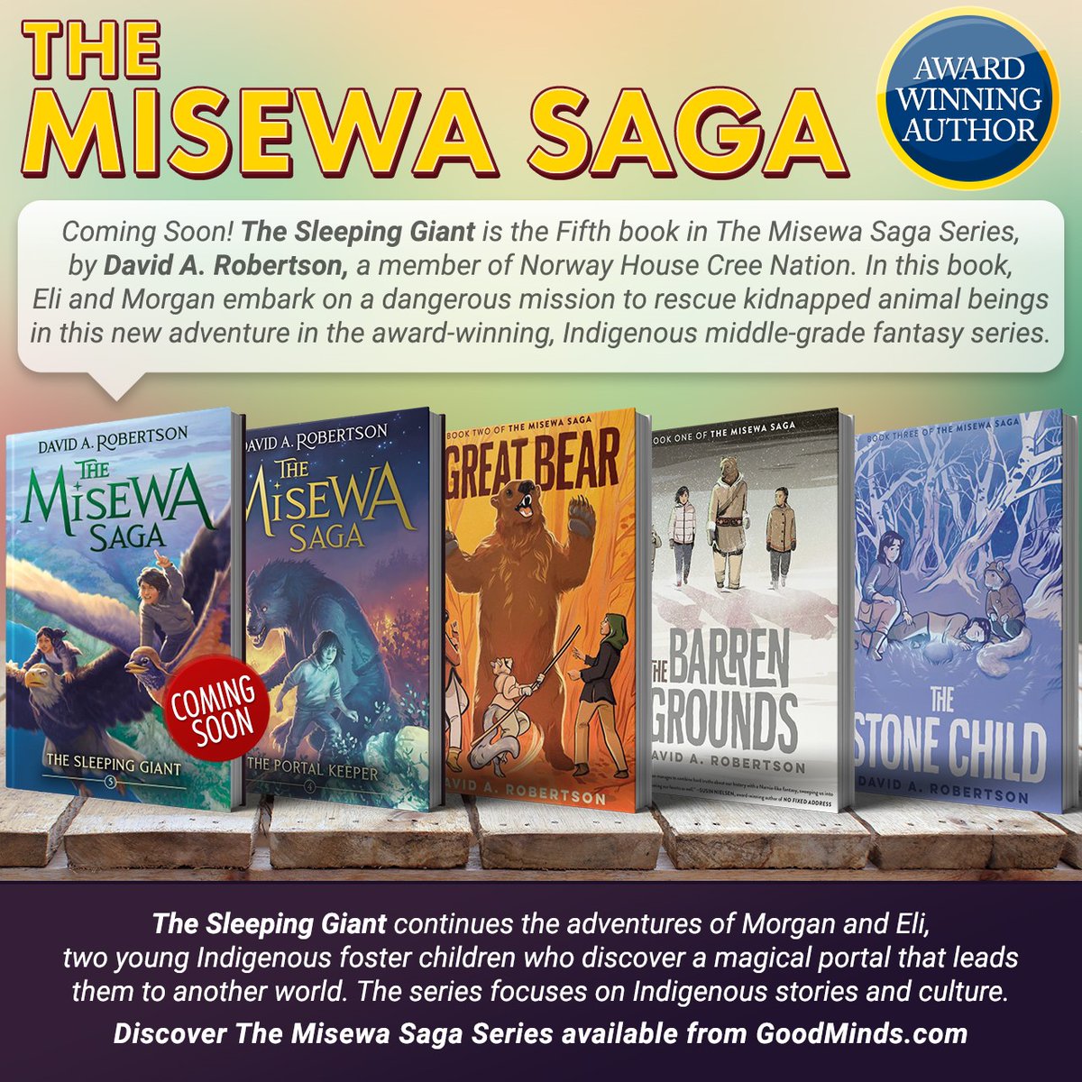 The Misewa Saga series by David A. Robertson @DaveAlexRoberts is available from GoodMinds.com: The Barren Grounds #1, The Great Bear #2, The Stone Child #3, The Portal Keeper #4, The Sleeping Giant #5 (Pre-Order for Aug 6). @GoodMindsBooks- goodminds.com/collections/mi…