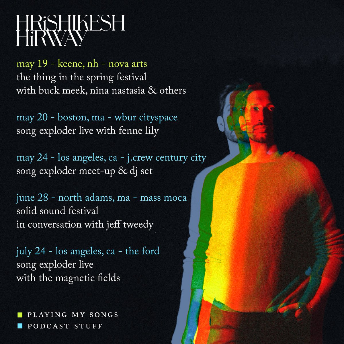 I've got some shows and @songexploder live events in the coming weeks (with guests @JeffTweedy of @Wilco, @TheMagFields, and @FenneLily)! Tickets and more info at hrishikesh.co/live. Hope to see you!