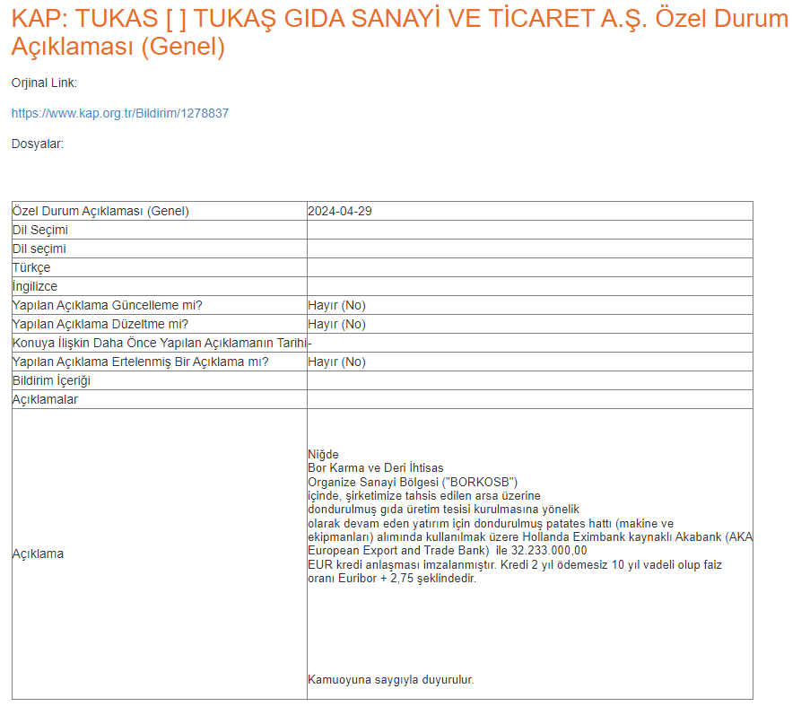 KAP: TUKAS [ ] TUKAŞ GIDA SANAYİ VE TİCARET A.Ş. Özel Durum Açıklaması (Genel) #tukas #adgyo