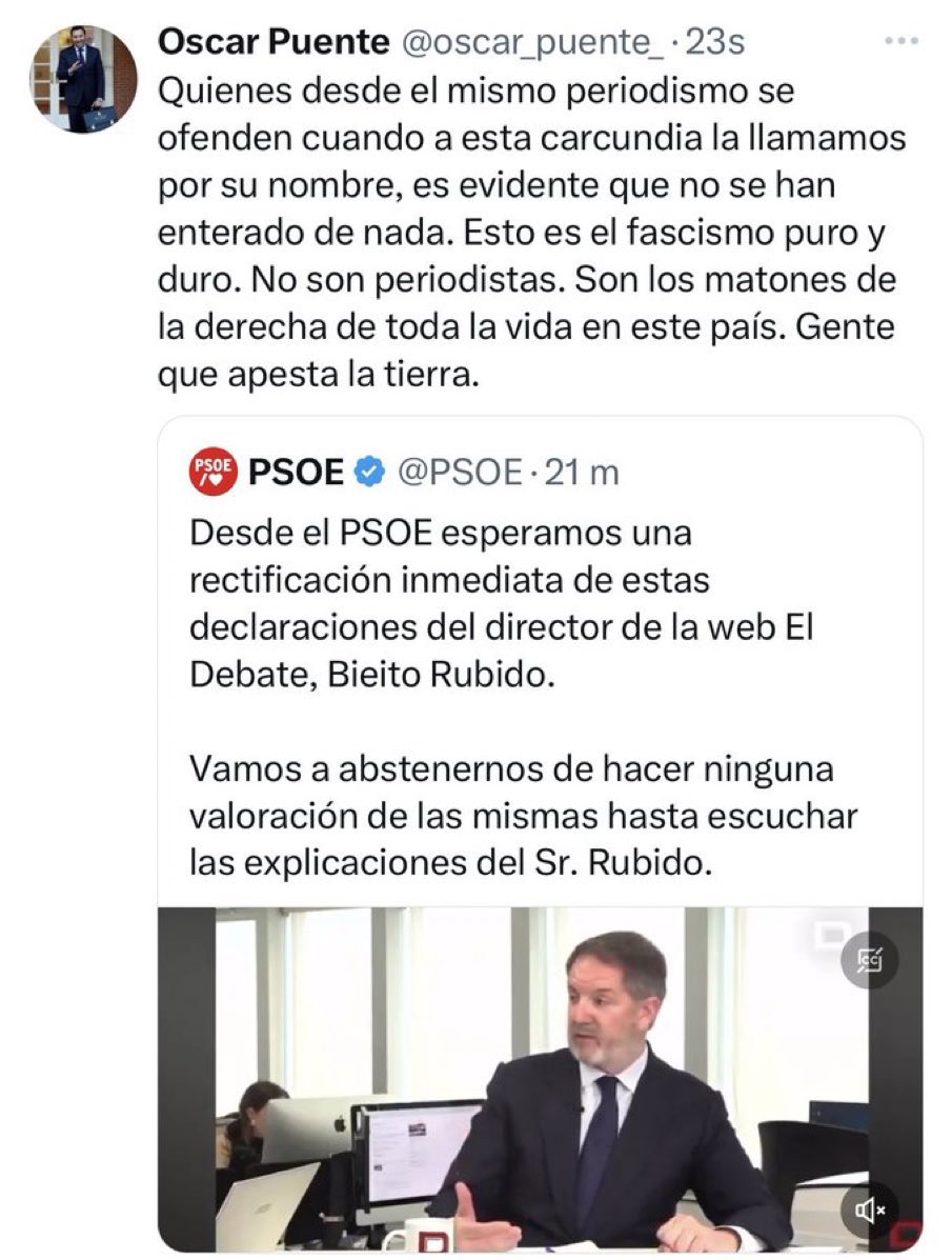 @PSOE Toda mi solidaridad con @bieitorubido. Espero que se querelle con Óscar Puente. Es intolerable este señalamiento. Quieren acallar a la prensa libre pero no lo conseguirán.