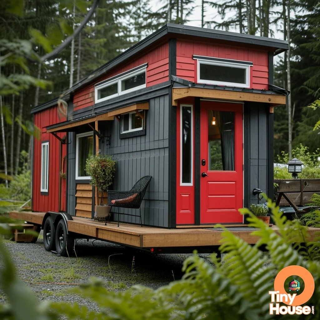 Check out this adorable tiny house on wheels in the Coastal design style! With its sleek grey, black, and red color palette, it's truly a sight to behold.  What are your favorite design elements? Would you incorporate any into your own home? #TinyHouse #CoastalDesign...