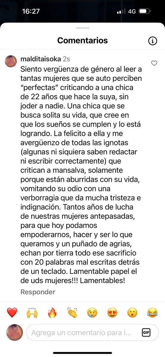 Es lamentable la cantidad de mujeres que vomitan mier.. en los comentarios de la nota de la Santillán a Juli! Es indignante! Siento vergüenza de género, como lo expresé en un comentario que hice en ese poste y que les comparto acá. Estoy indignada!