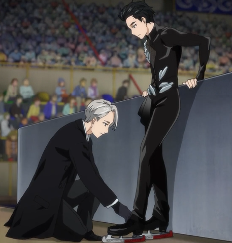 The way this is forever my favourite moment of episode 8. It expresses so much intimacy and trust, and gives me strong vibes of Viktor preparing Yuuri for battle. He's going to skate in enemy territory, after all.

#YuriOnIce #YOI