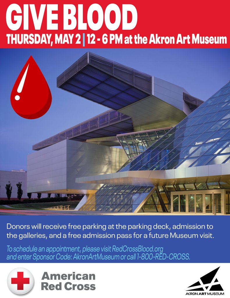 Join us for our Blood Drive this Thursday 🩸

Donors will receive free parking for the day and will get free admission to a future visit. 

Sign up at RedCross.org and use the code AkronArtMuseum

#akronblooddrive #akronohio #downtownakron
