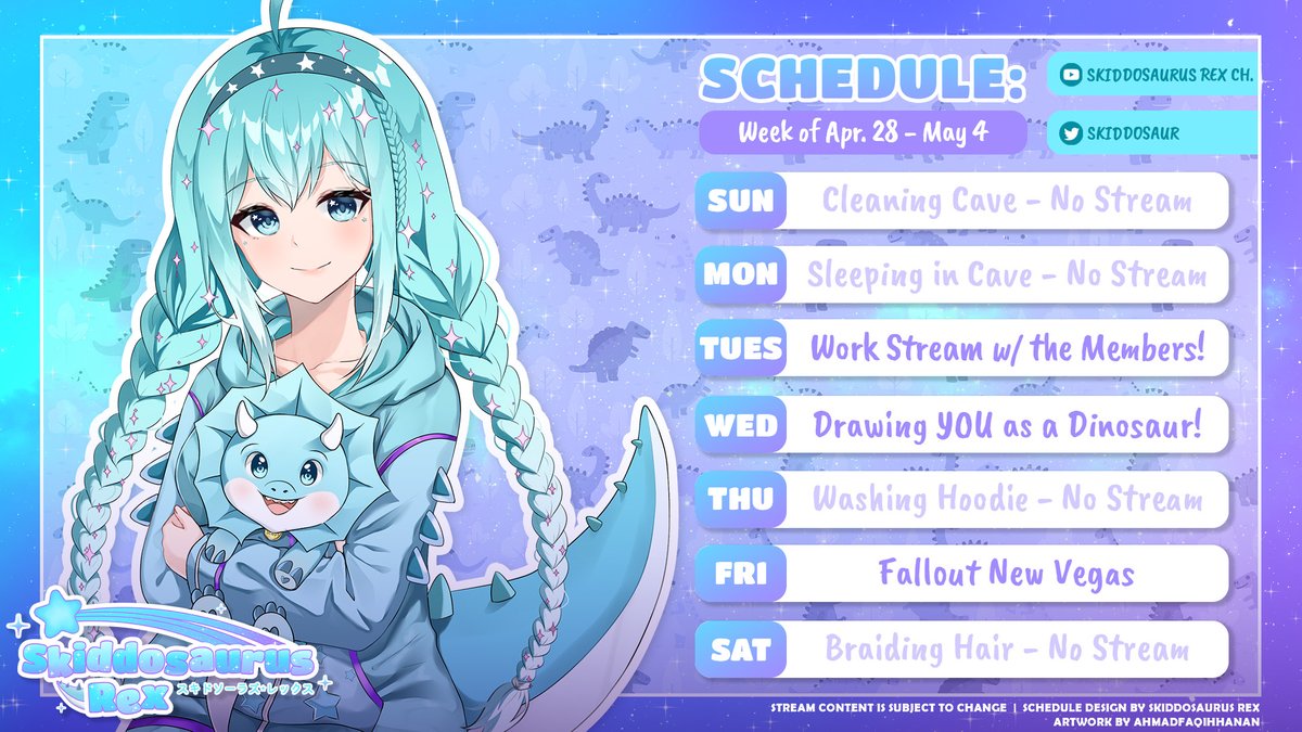 GOOD NOON! I bring you...THIS WEEKS SCHEDULE!! I hope you're able to come by, it's going to be a lot of fun! We also have a member's stream this week, so be sure to tune in for that if you're a Tricerapal!!! Have a great week!! #SkiddoLive #VtuberUprising #VtuberEN #Dinomites