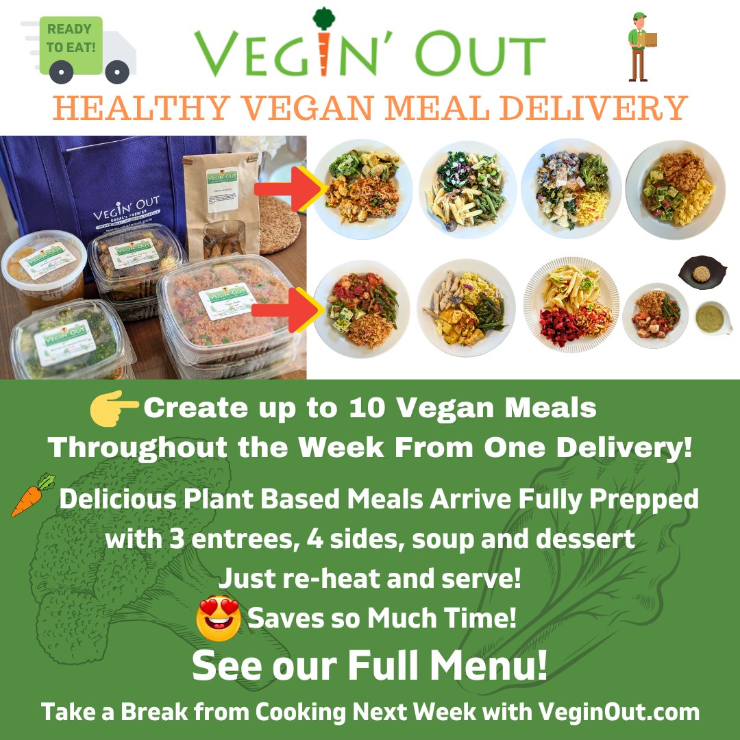 😍Take a break from cooking next week!

Our fully Prepped🌱#Vegan meal set arrives with 3 entrees, 4 sides, soup & dessert - create up to 10 multi course meals next week!

Learn More👉veginout.com/pages/vegin-ou…

#veganfood #plantbased #YouAreWhatYouEat #HealthyEating