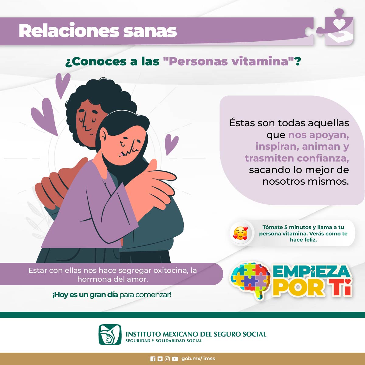 ¡Vuélvete una persona vitamina! Cultivar relaciones saludables es esencial para nuestro bienestar emocional.

Asegúrate de rodearte de personas que te inspiren, te apoyen y te hagan crecer. 

En Salud Mental… #EmpiezaPorTi