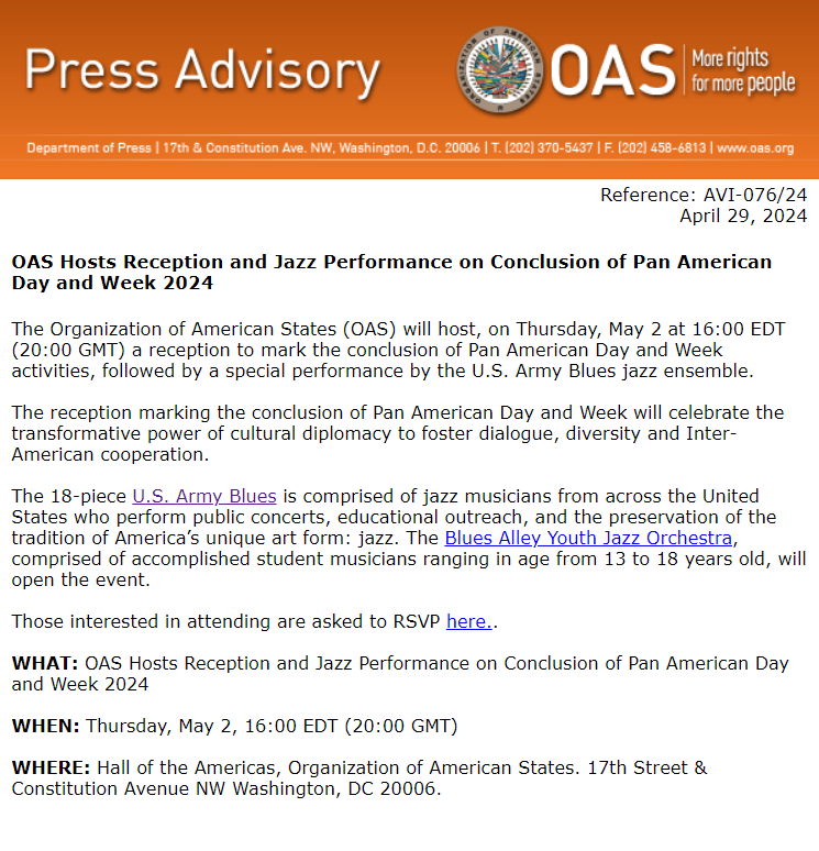 OAS Hosts Reception and Jazz Performance on Conclusion of Pan American Day and Week 2024 oas.org/en/media_cente…