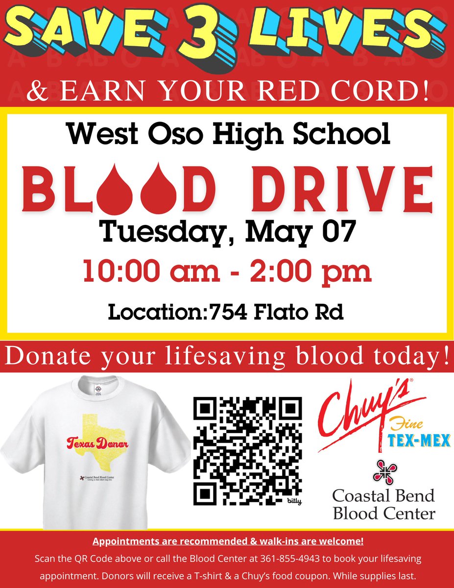 from WOHS: 🩸The blood drive is next week. Anyone 17 and older is welcome to donate. Seniors, want to receive a red cord? This is the last chance, so sign up! Must show valid driver's license ‼️Appointments are highly recommended. Click to make one: bit.ly/3Qg51Vb