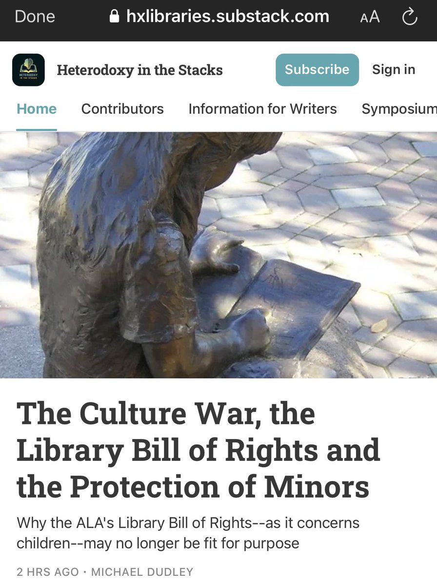 “The Culture War, the Library Bill of Rights and the Protection of Minors; Why the ALA's Library Bill of Rights—As it Concerns Children—May No Longer Be Fit for Purpose” MICHAEL DUDLEY @HxLibraries APR 29, 2024 hxlibraries.substack.com/p/the-culture-… #parenting #moms #dads #tlchat #alaac24