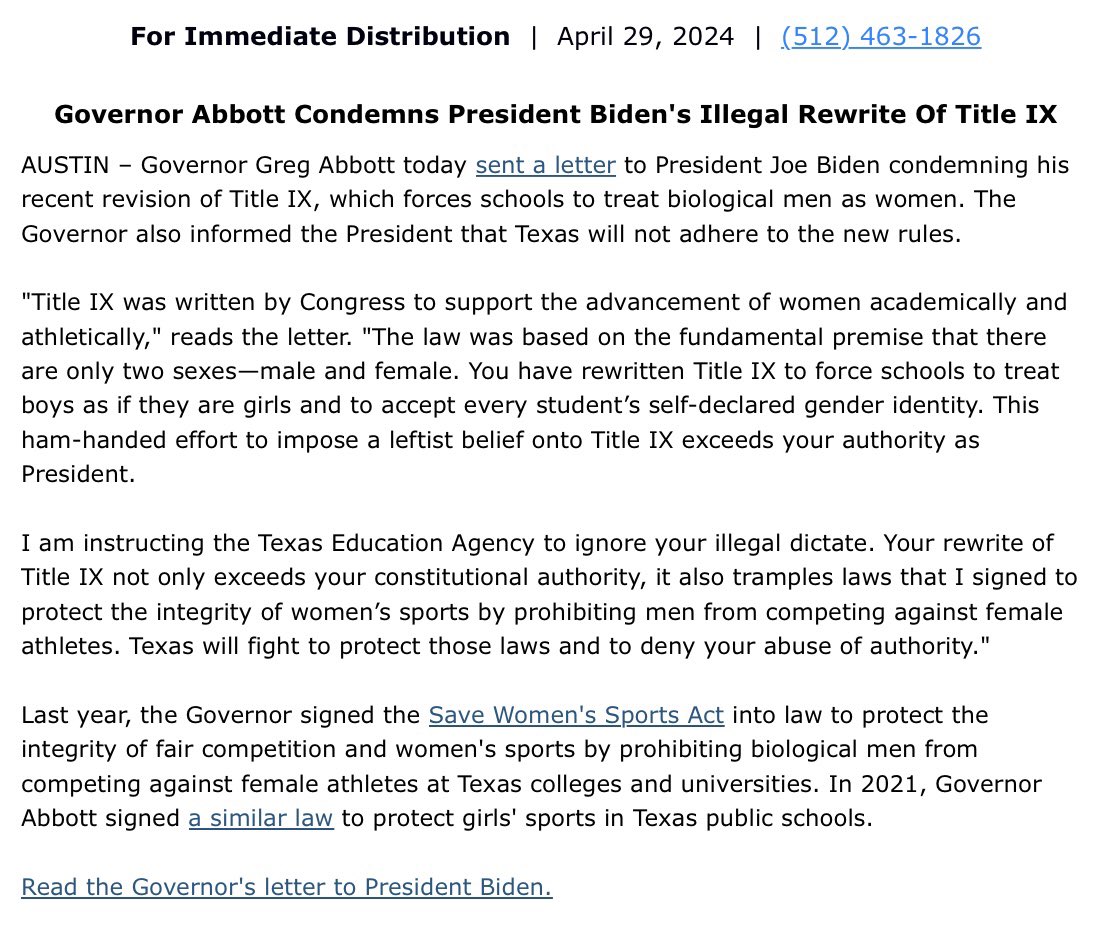 NEW… @GovAbbott instructs the Texas Education Agency to ignore Biden’s “illegal rewrite” of #TitleIX, which “forces schools to treat biological men as women.”

#TXLege #TxEd @TEAinfo