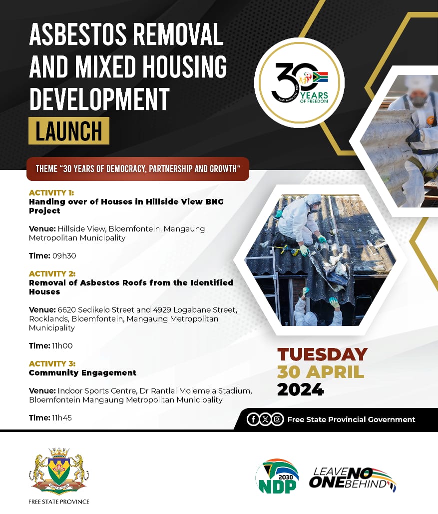 FREE STATE PROVINCIAL GOVERNMENT HANDS OVER HOUSES IN HILLSIDE VIEW MIXED HOUSING DEVELOPMENT AND LAUNCHES ASBESTOS REMOVAL PROJECT IN MANGAUNG.
#LeaveNoOneBehind 
#LetsDoMoreTogether