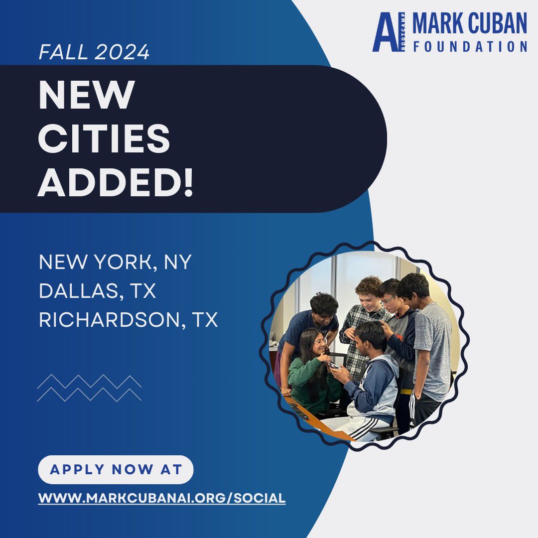 Even more cities added for our upcoming fall session… New York, Richardson, and Dallas — we’ll see you soon 🤖Apply now at markcubanai.org/social