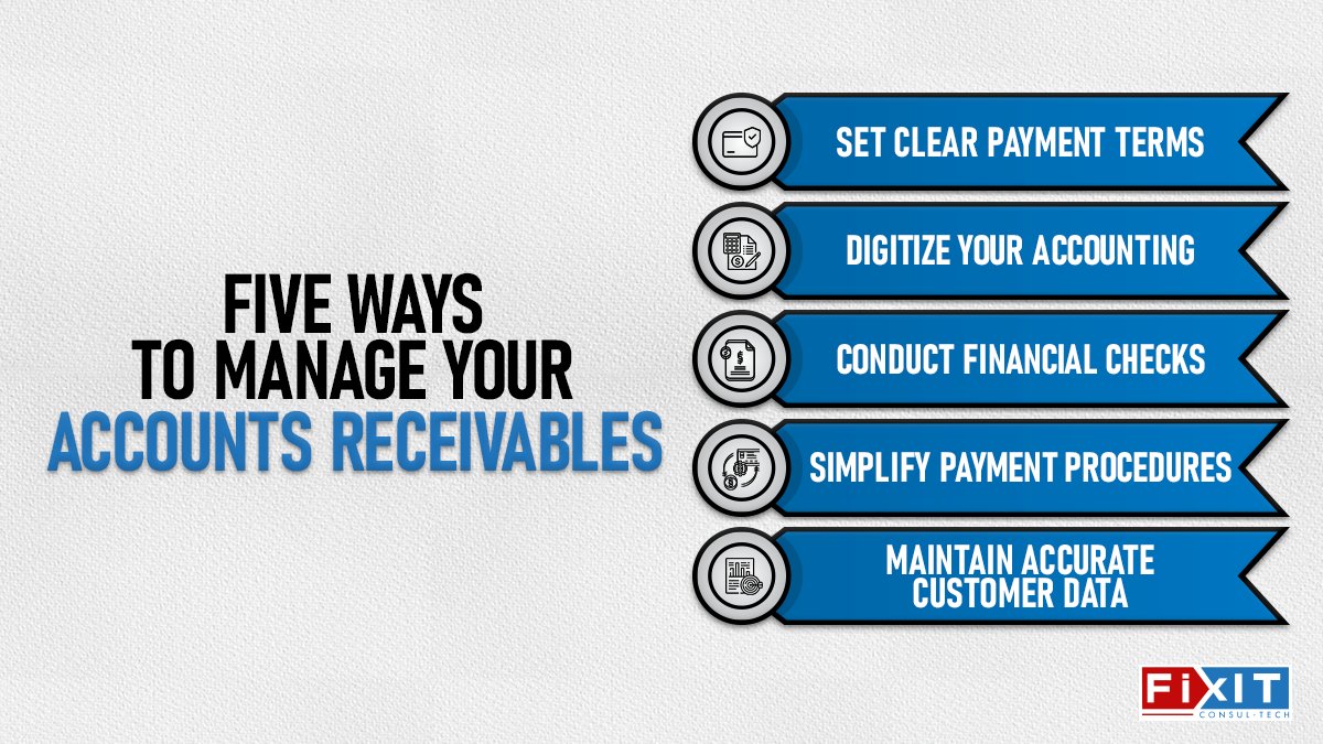 fixitconsultech's tweet image. Effective management of accounts receivables is vital for a healthy cash flow. By following these simple steps, you&apos;ll be on your way to smoother sailing when it comes to managing your accounts receivables.

Tap the link in the bio to get connected!

#accountsreceivables #FixIT