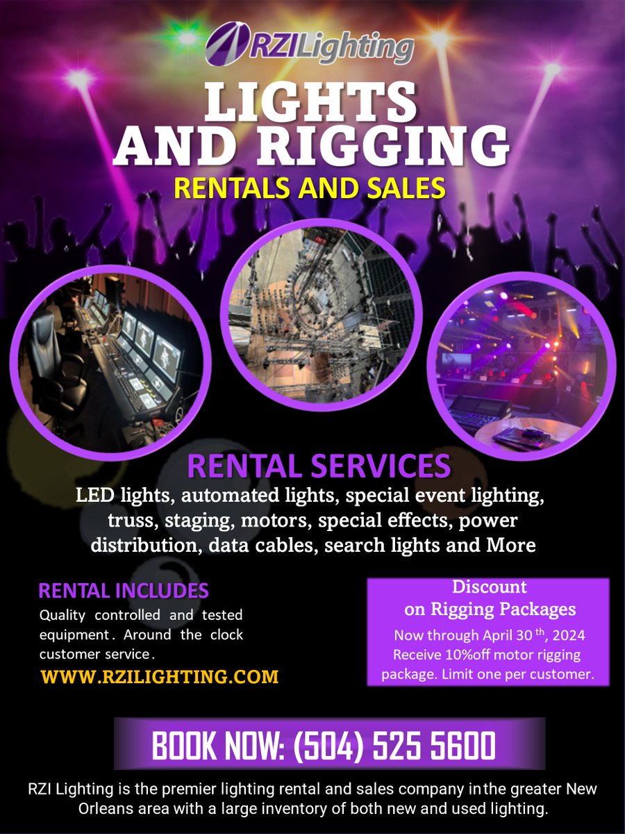 rzilighting's tweet photo. RZI Lighting New Orleans
"It's Showtime Somewhere!"
#rzilighting
#rigging
#stagerigging
orders@rzilighting.com
504-525-5600
https://t.co/ooOADlVfIm https://t.co/nsj00T4NzI