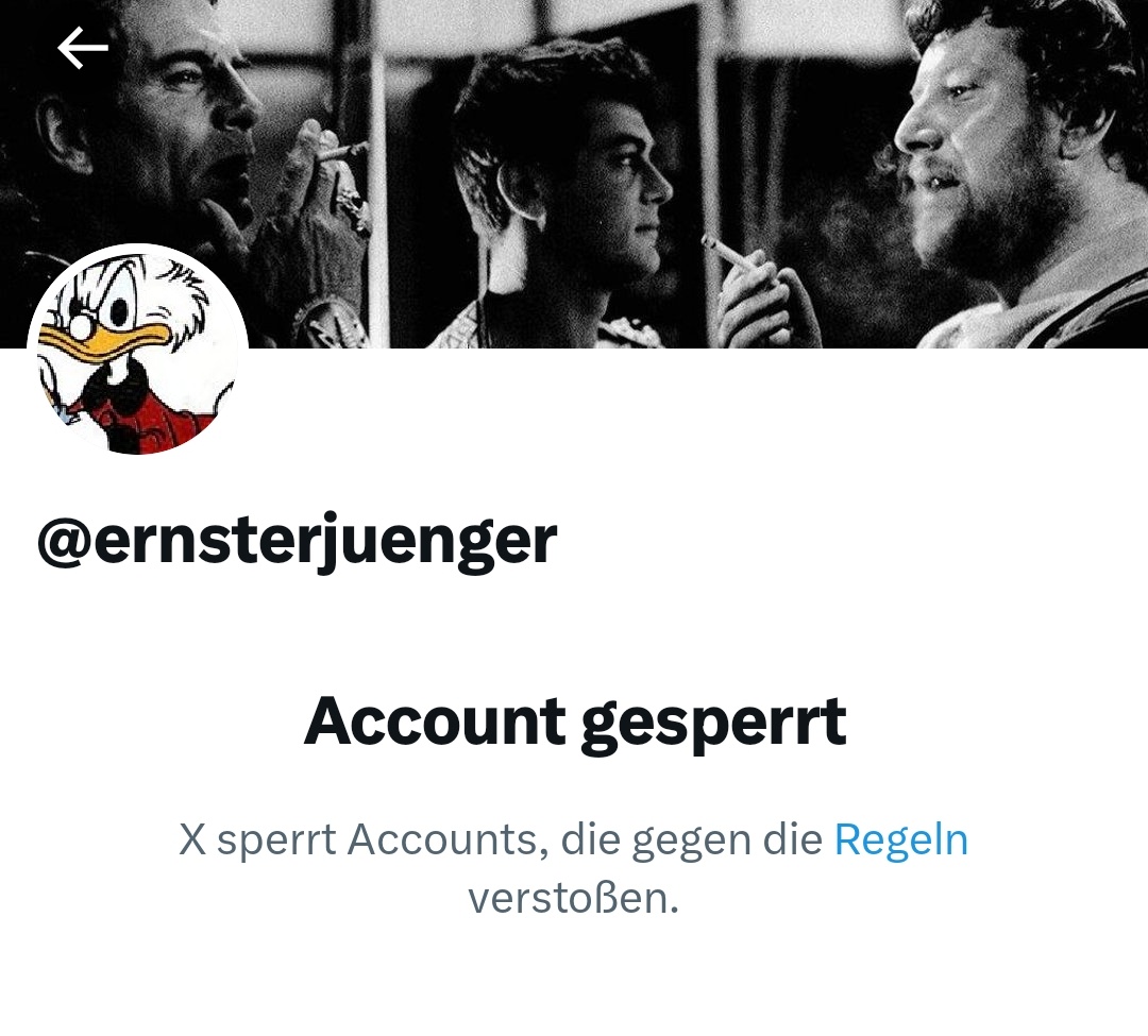 WAS soll das?! @x @elonmusk @TwitterDE

Einer, der diese Plattform durch seine geistreichen und witzigen Posts extrem bereichert hat, wurde offenbar gesperrt!

Ich bin mir sicher, dass das reine Schikane ist.

 #freeErnsterJuenger #FreedomOfSpeech #Meinungsfreiheit