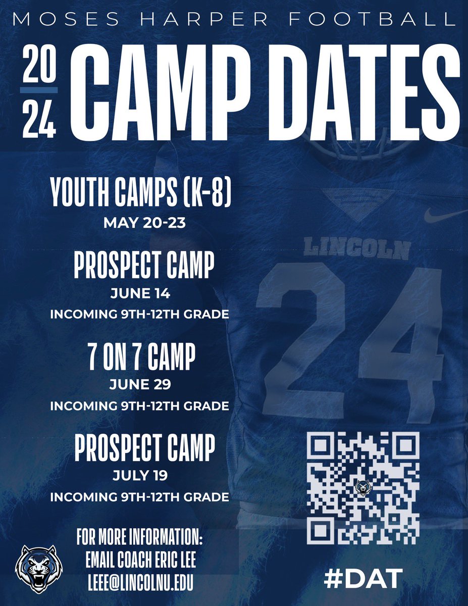 Don’t forget to register for our camps here at @LUMO_FB and let our coaches get the chance to evaluate you in person. We’re looking for the next group of Blue Tigers! Register at: mosesharperfootballcamps.com