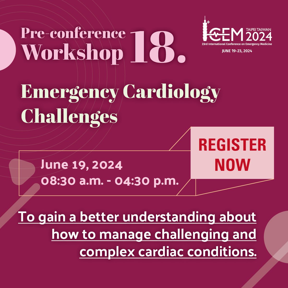 Calling all emergency medicine professionals! Elevate your skills with our preconference workshops designed to sharpen your clinical expertise and enhance patient care. Learn more and register: icem2024.com/pre-conference