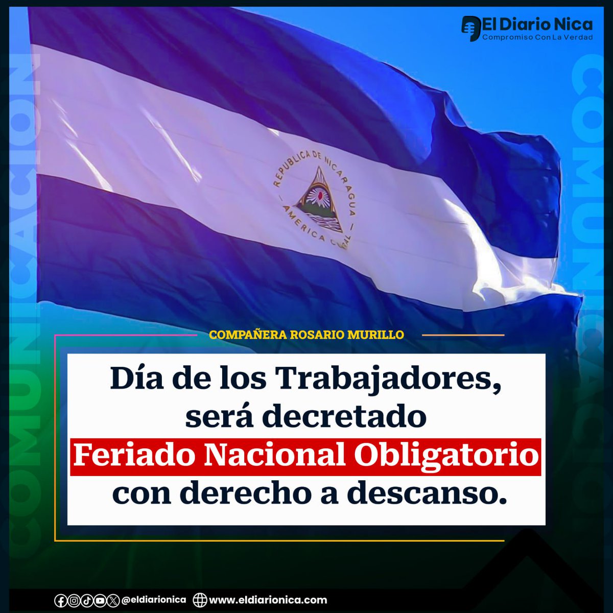 Este #01Mayo conocido mundialmente como el Día de los Trabajadores, será celebrado en #Nicaragua con un feriado nacional. Este día, que honra a los trabajadores y su contribución al desarrollo y progreso del país.