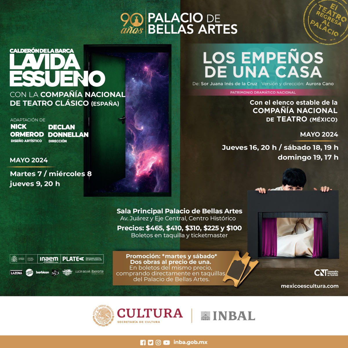 #90AniversarioPBA 🎉Celebra los 90 años del Palacio de Bellas Artes con #ElTeatroRegresaAlPBA 🎉 Con La Compañía Nacional de Teatro Clásico y la @CNTeatromx 👉 Boletos a la venta en las taquillas del recinto y Ticketmaster 🎟️tinyurl.com/LVESPBA 🎫tinyurl.com/LECCNTPBA