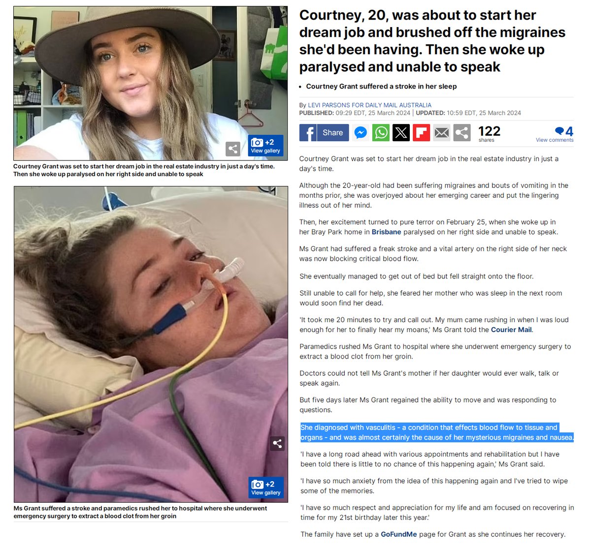 Brisbane, Australia - 20 year old Courtney Grant had been suffering migraines

On Feb.25, 2024 she suffered a 'freak stroke' - vital artery on right side of her neck was blocking critical blood flow

COVID-19 mRNA Vaccines commonly cause strokes in young people

#DiedSuddenly