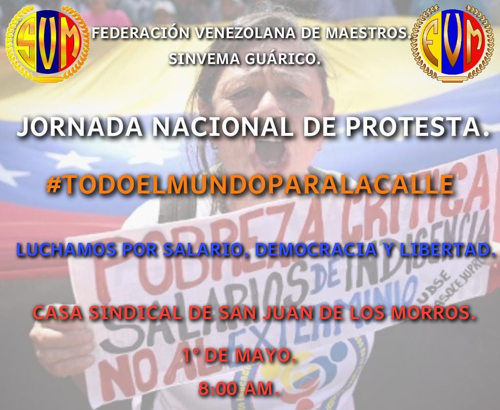 Convocamos a la movilización nacional de los trabajadores este 1ºde mayo. Que en todos los estados del país se haga sentir nuestra voz exigiendo un salario mínimo de 200 dólares con incidencia en las tablas. #Guarico en la lucha #BonoNoEsSalario #1DeMayo