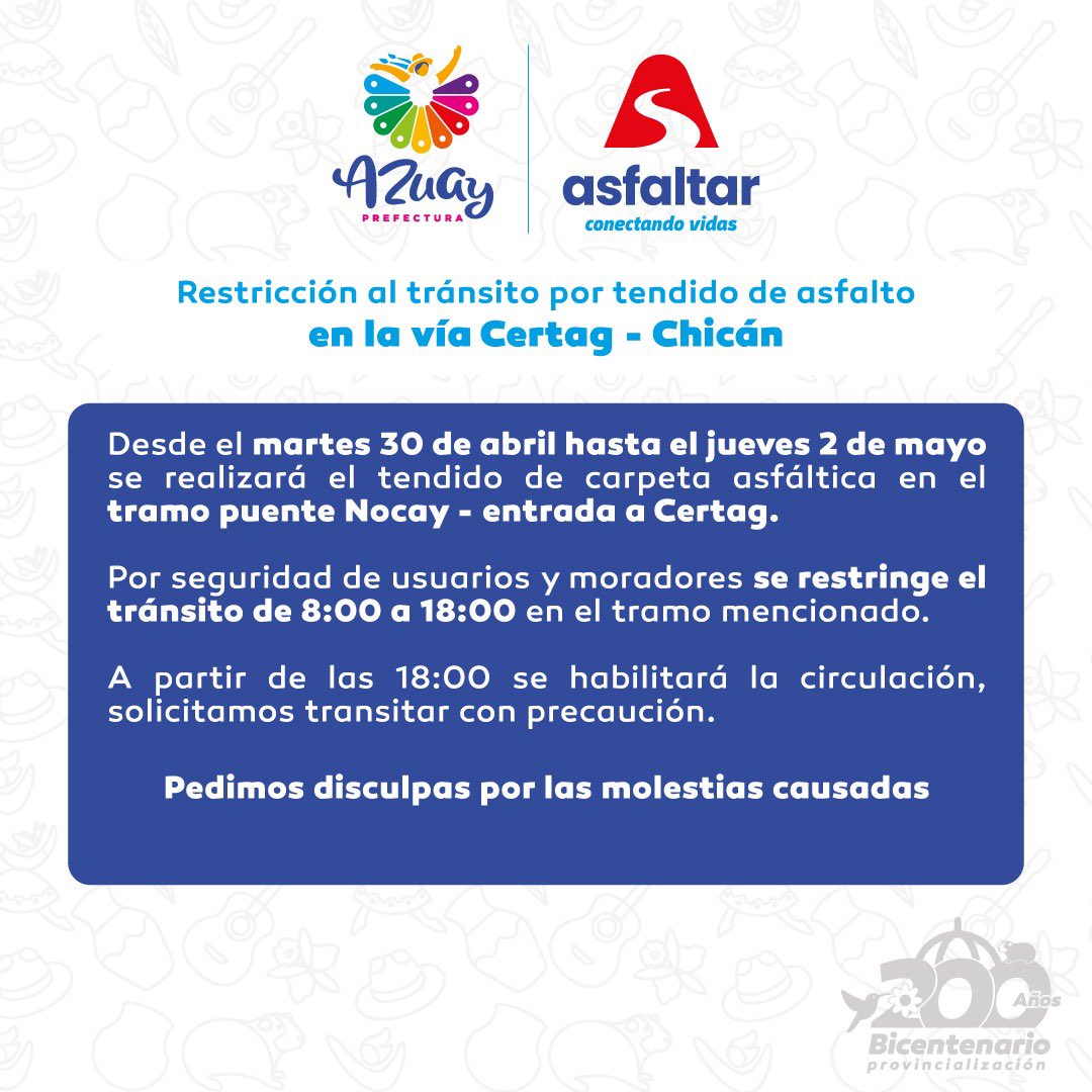 💪🏽Avanzamos firmes en la transformación de la vía Certag - Chicán que une a #Paute y #Gualaceo.
📌Iniciamos con la colocación de carpeta asfáltica, por favor tenga en cuenta esta información. 
#JotaPrefecto
#AzuayBicentenario