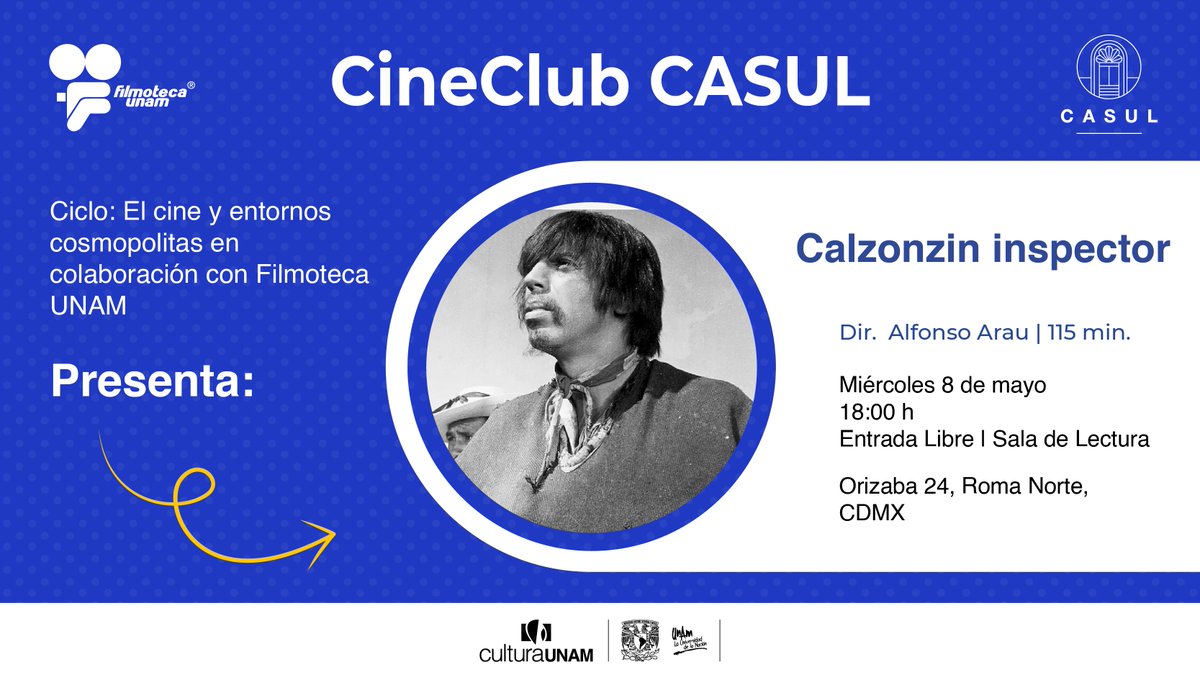 🤩🎬 ‘Calzonzin inspector’ es una cinta basada en la novela ‘El inspector’, del escritor ucraniano Nikolái Gógol. No te faltes a la próxima función de #CineClubCASUL, donde proyectaremos esta película. 🗓️ Miércoles 8 de mayo 🕛 18:00 h 📍 Orizaba 24, Roma Norte